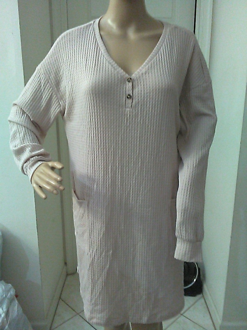 NWT True Craft Light Pink V-Neck Waffle Knit Tunic (SO SOFT) SZ. M PKTS STRETCHY